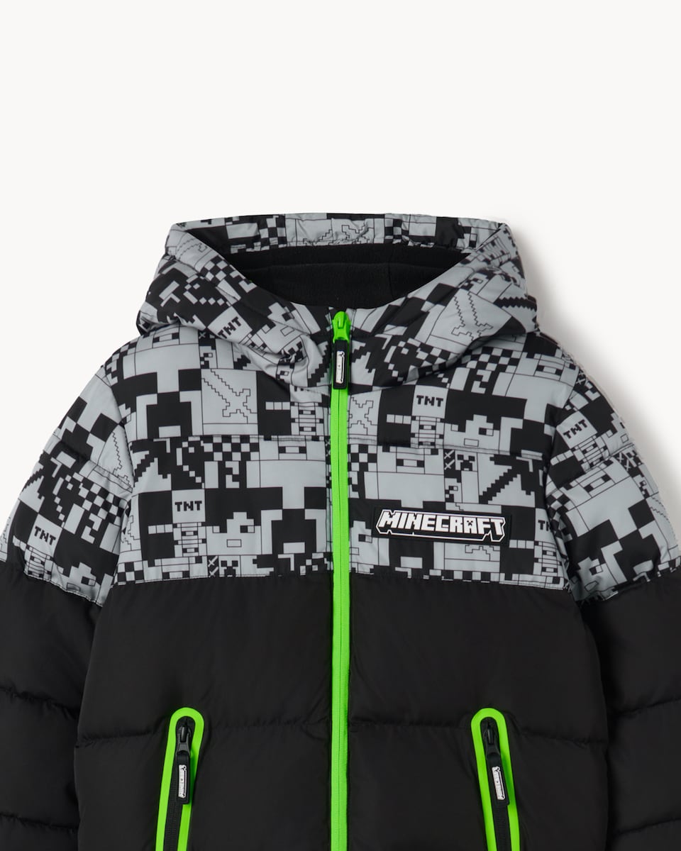 image 1 of Minecraft Printed Zip Up Puffer Coat in Black