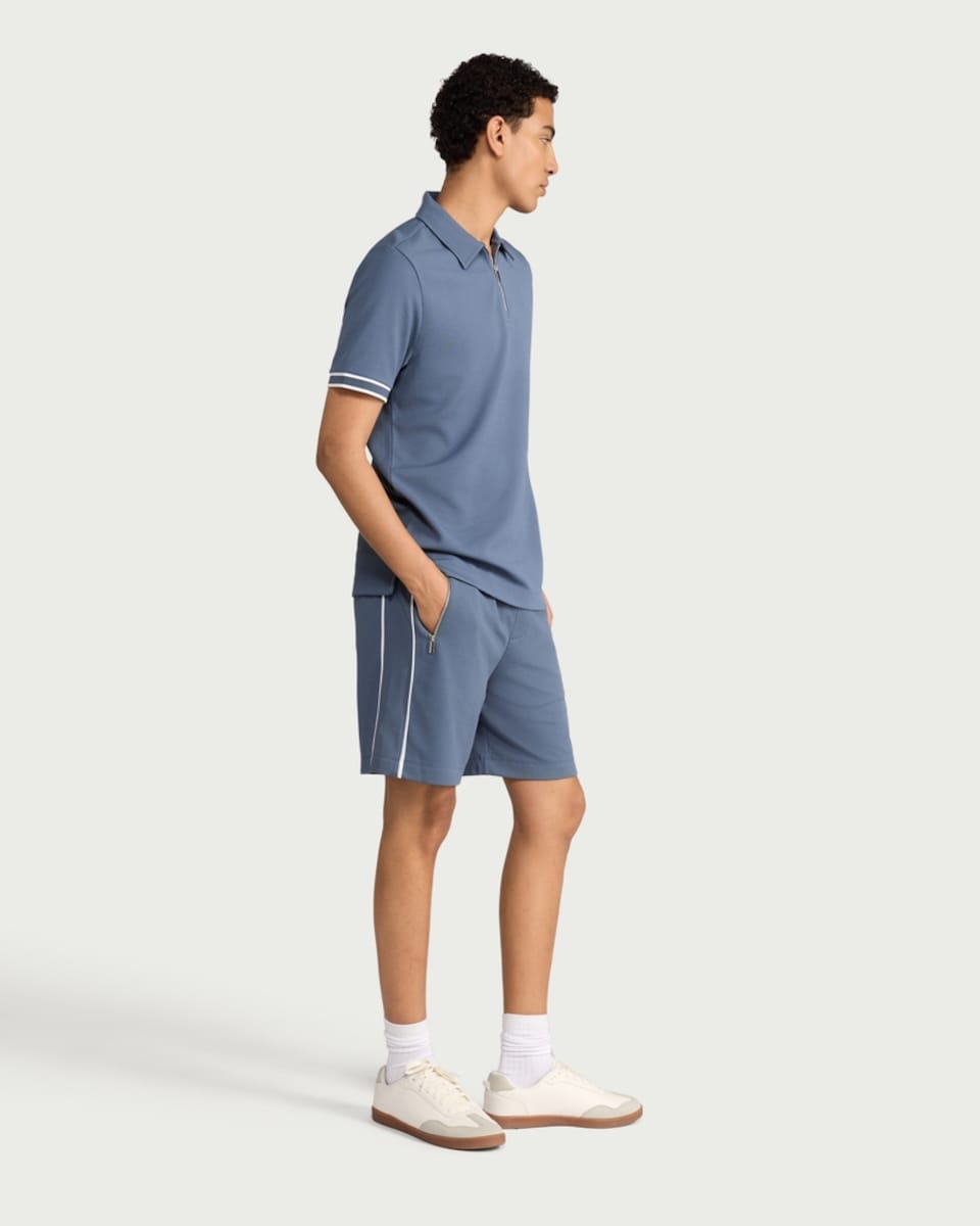 image 1 of F&F Textured Zip Neck Relaxed Fit Polo Shirt in Blue