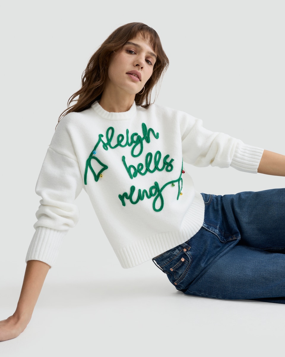 image 1 of F&F Knitted Sleigh Bells Ring Slogan Jumper in Cream