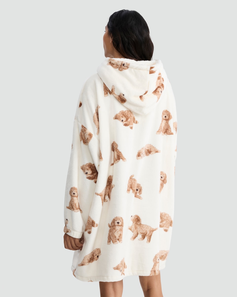 image 1 of F&F Curtis The Dog Fleece Curtis Dog Print Pyjama Hoodie in Cream