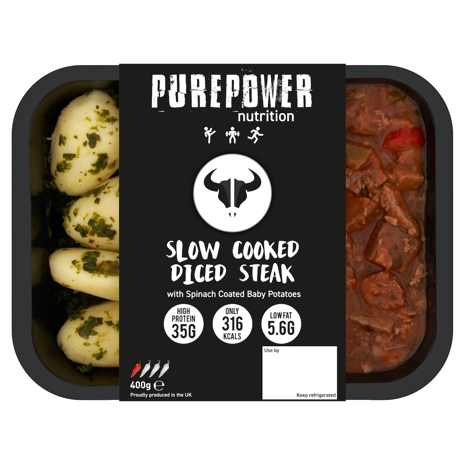PUREPOWER NUTRITION SLOW COOKED DICED STEAK WITH SPINACH COATED BABY POTATOES 400G