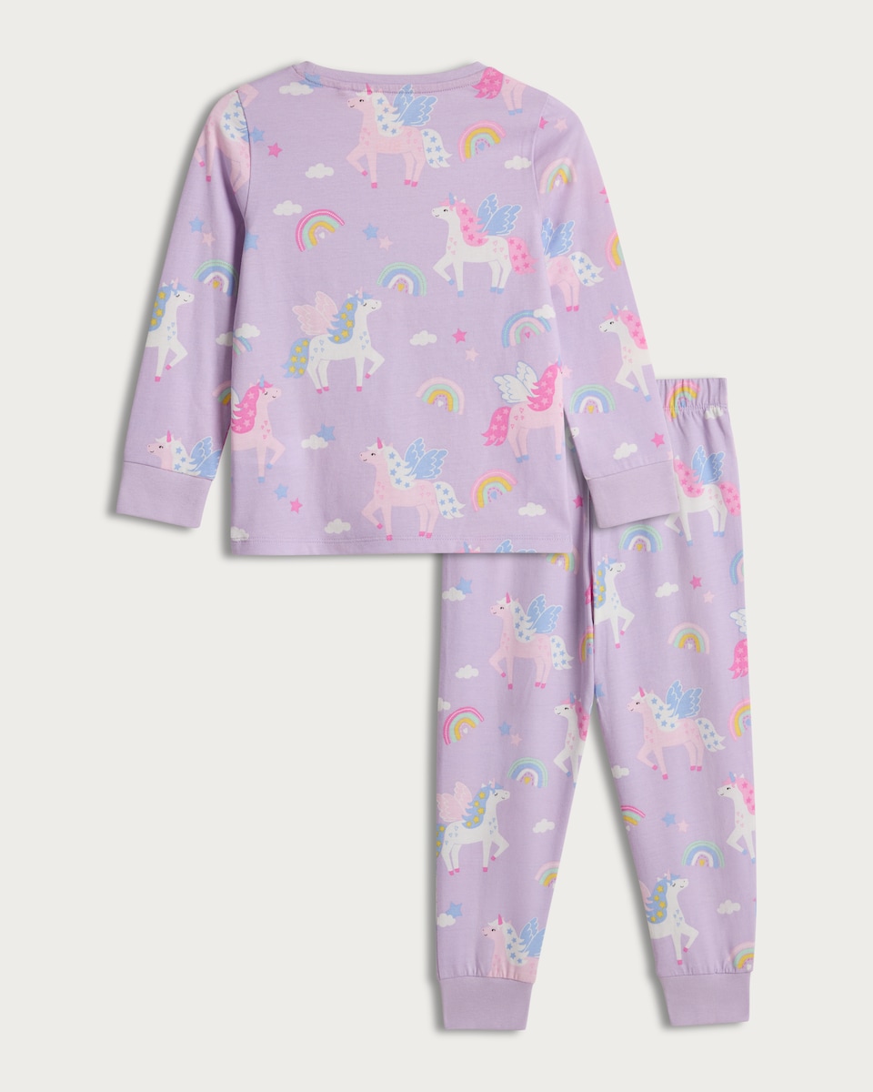 image 1 of F&F Girls Pure Cotton Unicorn Print Top and Bottoms Pyjamas in Lilac