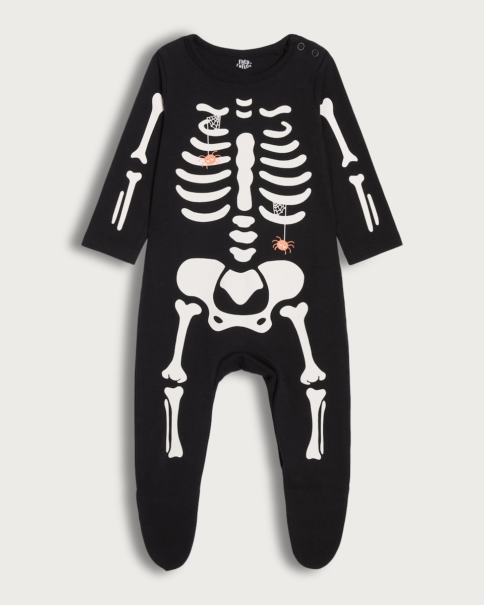 image 1 of F&F Baby Pure Cotton Skeleton Print Sleepsuit in Dark Grey