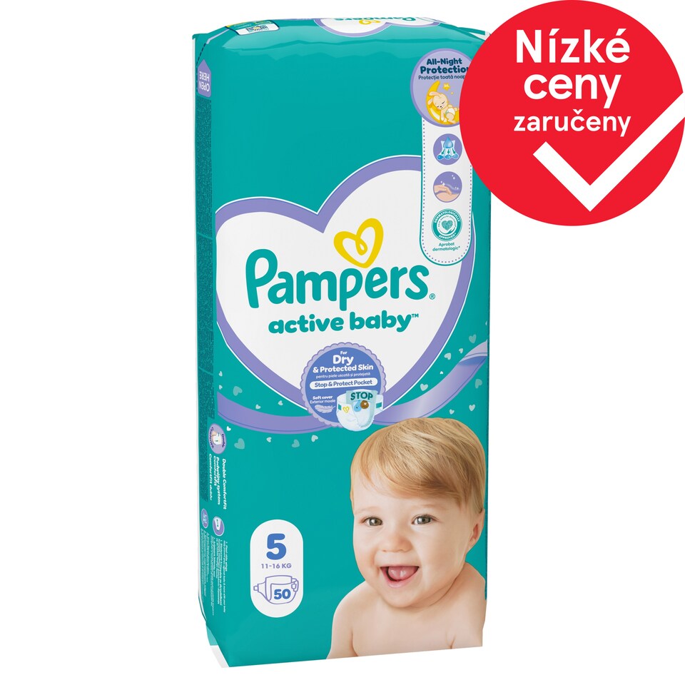 Obrázek 1 pro produkt Pampers Active Baby, Velikost 5, 50 Plenky, 11kg-16kg