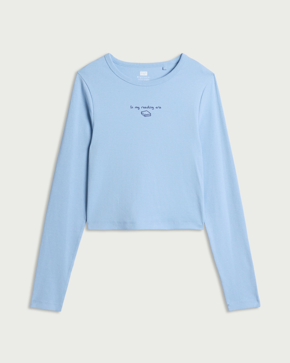 image 1 of F&F Cotton Rich Long Sleeved Pyjama Top in Blue