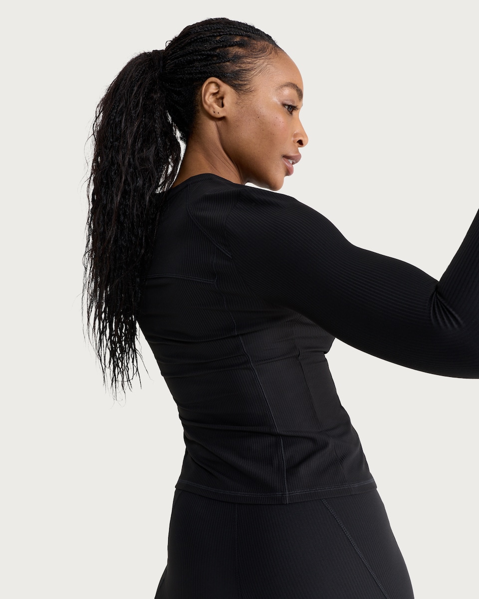 image 1 of F&F Active EVERYHOUR Ribbed Long Sleeved Top in Black