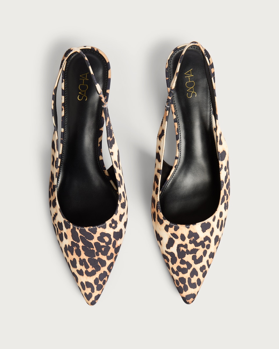 image 1 of SACHA Satin Look Leopard Print Slingback Kitten Heels in Multi Brown