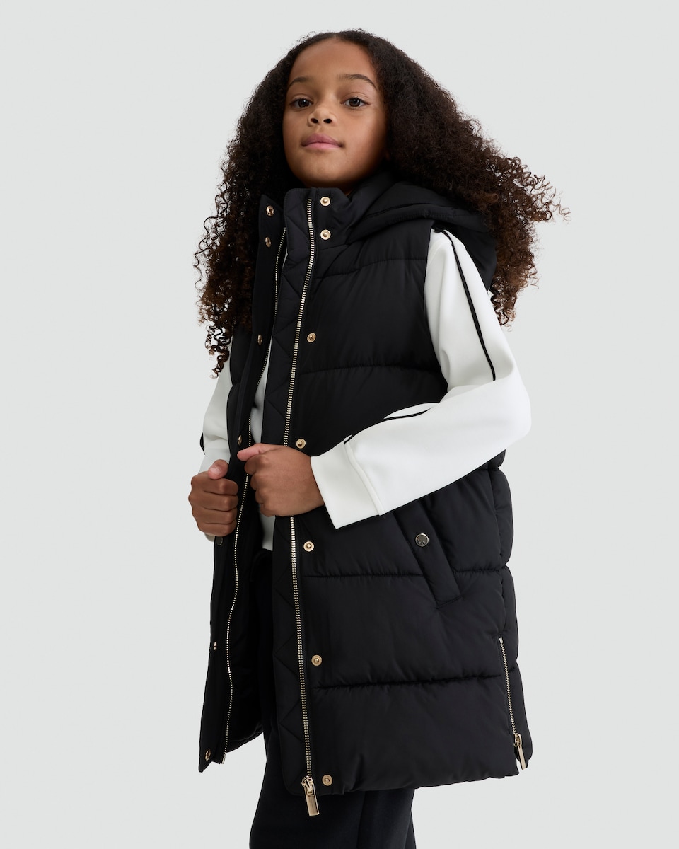 image 1 of F&F Girls Hooded Puffer Shower Resistant Gilet in Black