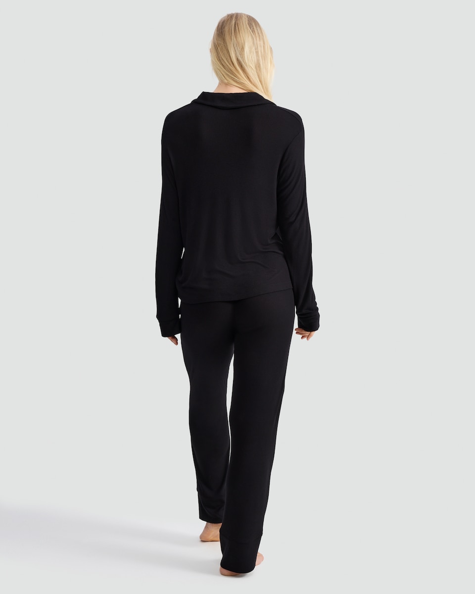 image 1 of F&F CoolEase™ Ribbed Button Up Shirt and Trousers Pyjamas in Black