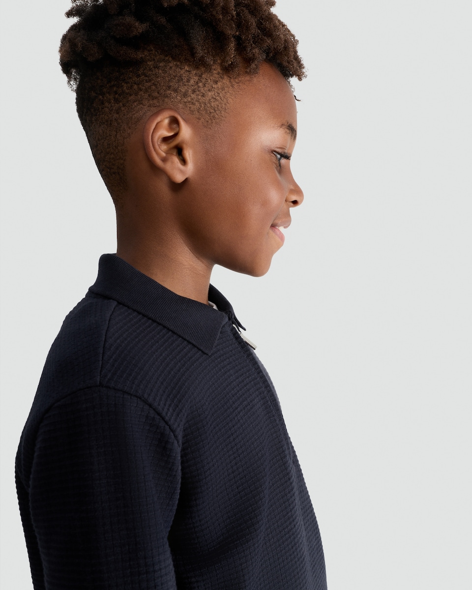 image 1 of F&F Boys Pure Cotton Waffle Textured Zip Polo Top in Navy