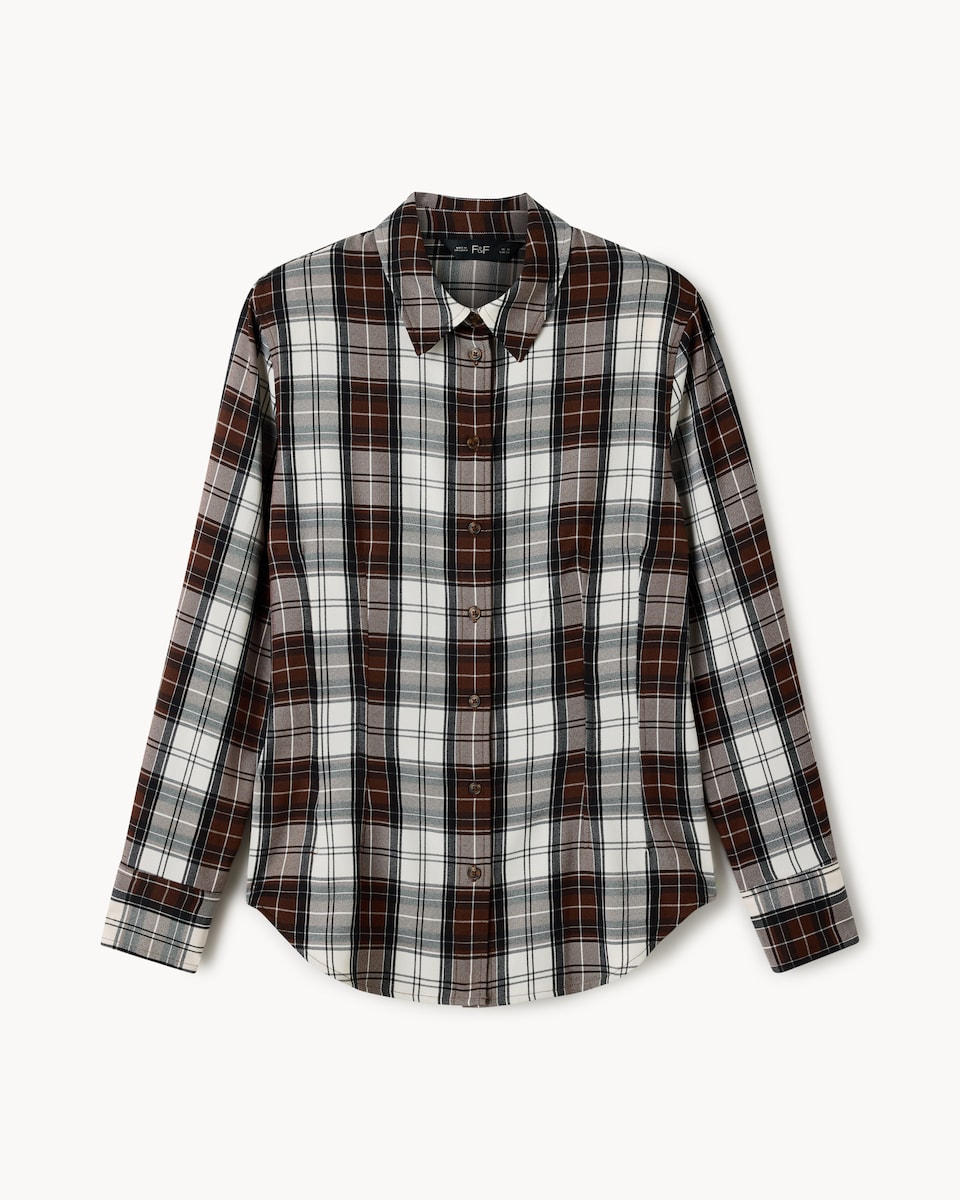 image 1 of F&F Check Shoulder Pad Cinched Shirt in Multi Brown