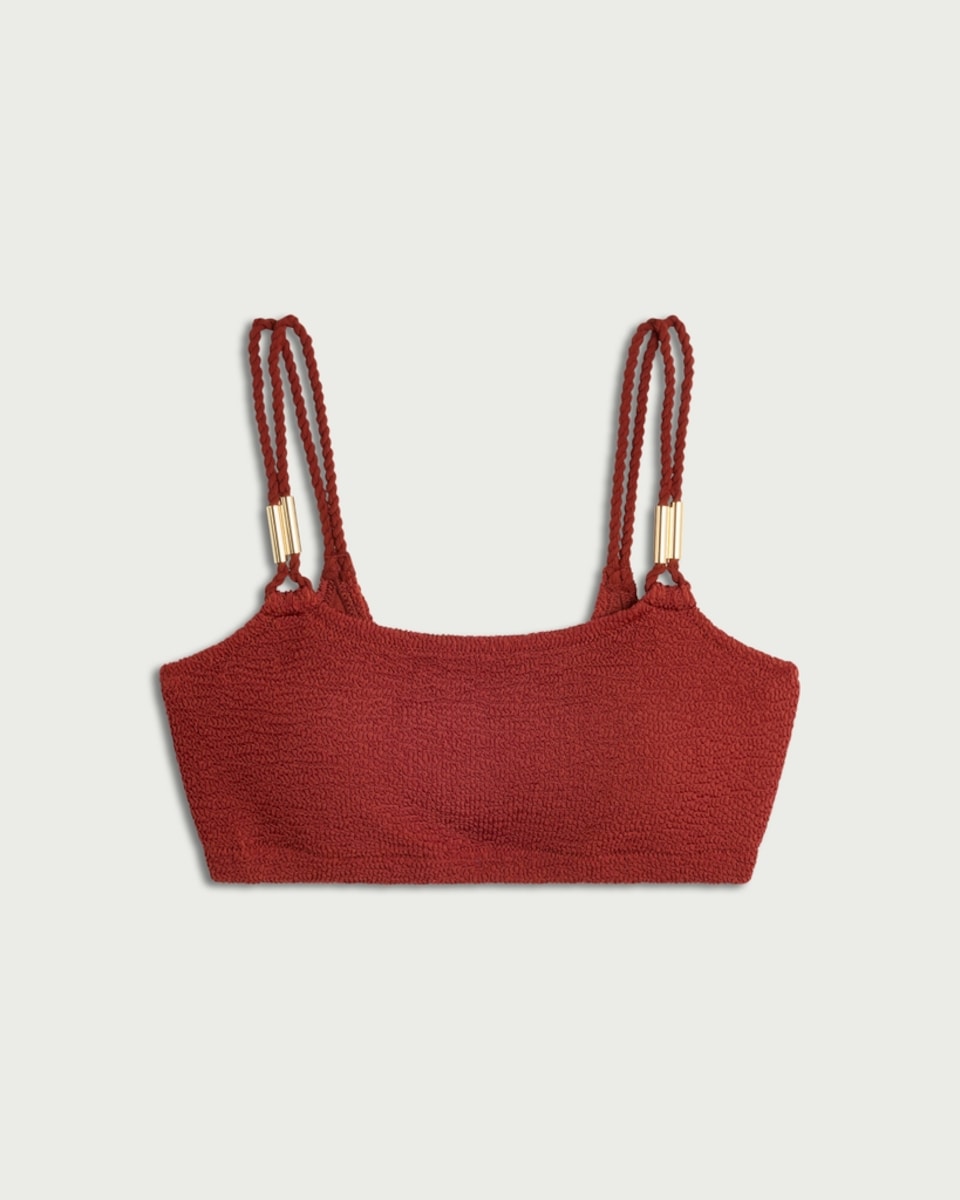 image 1 of F&F Crinkle Textured Bikini Top in Brick