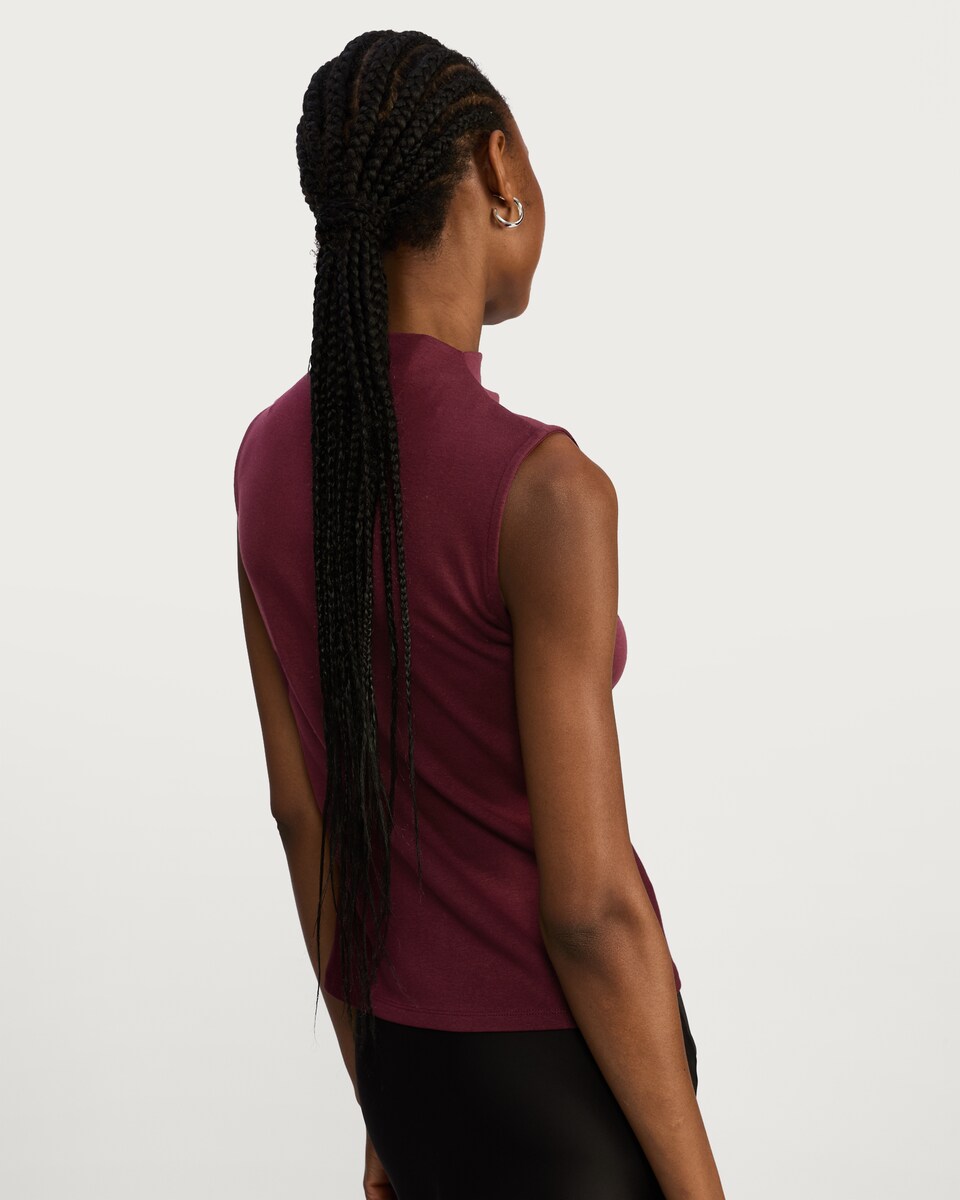 image 1 of F&F Cotton Modal Blend High Neck Sleeveless Top in Burgundy