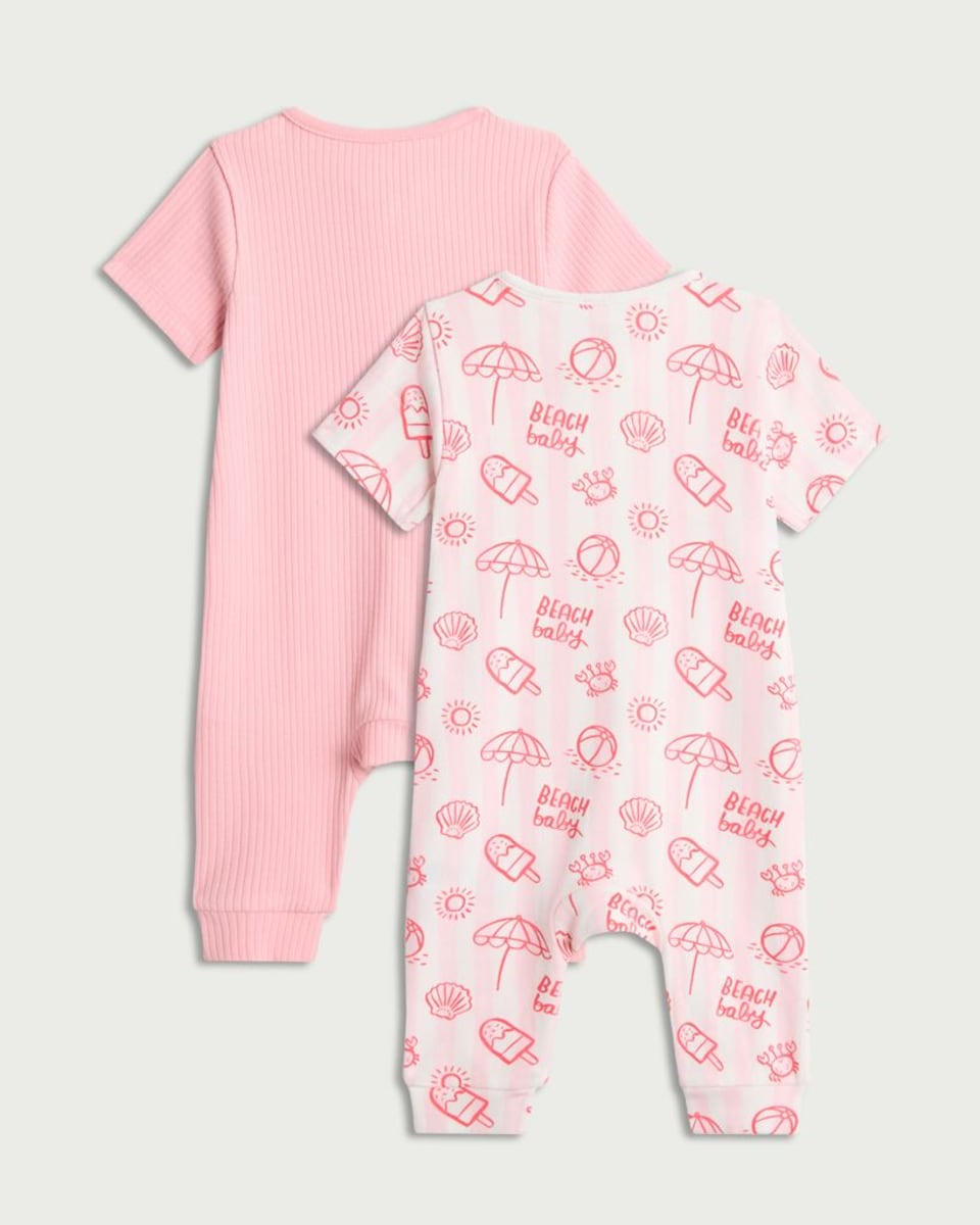 image 1 of F&F Baby 2-Pack Cotton Rich Short Sleeved Sleepsuits in Pink