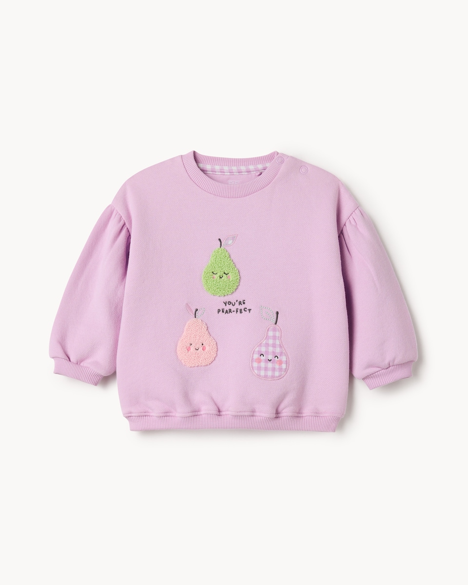 image 1 of F&F Baby 2-Piece Cotton Rich Appliqué Pear Sweatshirt and Gingham Leggings Set in Purple