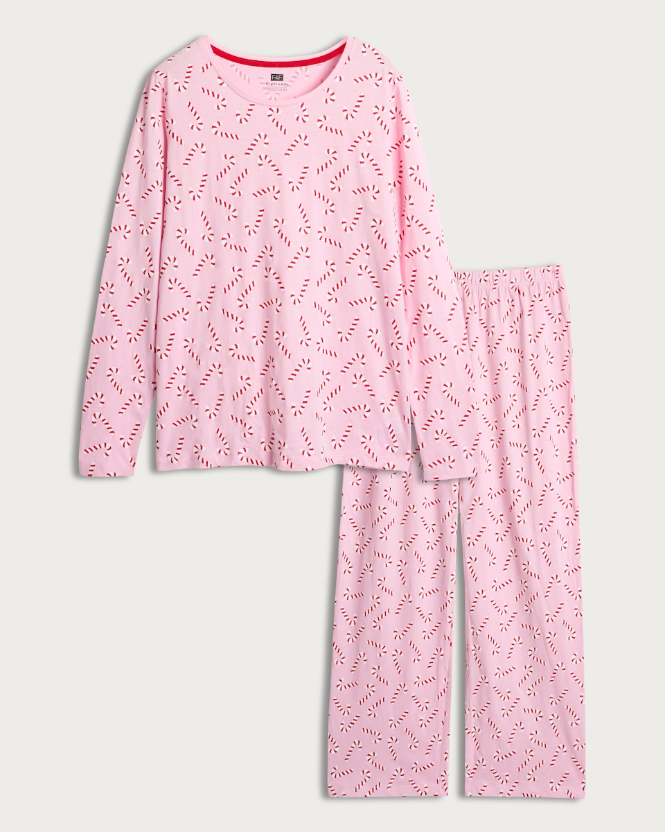 image 1 of F&F Pure Cotton Candy Cane Print Top and Trousers Pyjamas in Pink