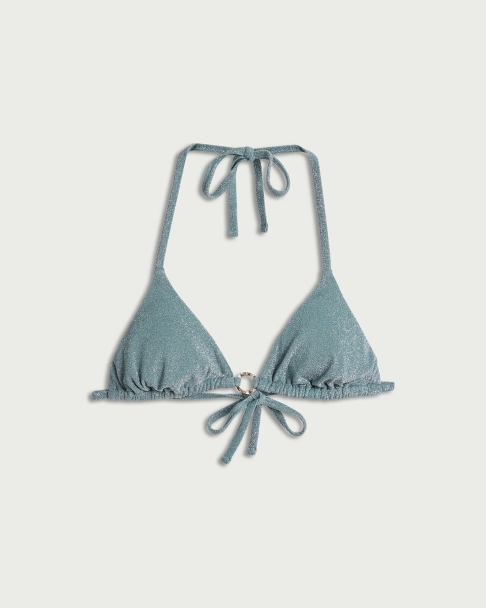 image 1 of F&F Metallic Ring Halter Neck Bikini Top in Green