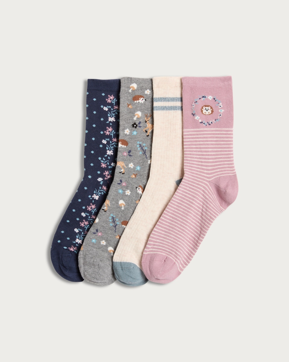 F&F 4-Pack Cotton Rich Floral and Animal Print Ankle Socks in Purple