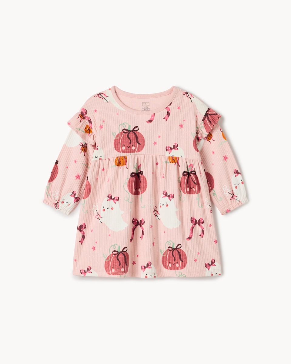 image 1 of F&F Baby Cotton Rich Ribbed Halloween Dress in Pink