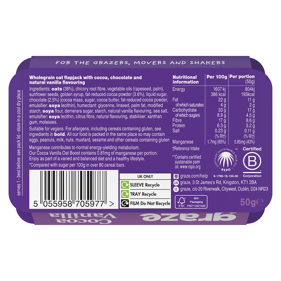 image 1 of Graze Cocoa Vanilla & Protein Flapjack 50G