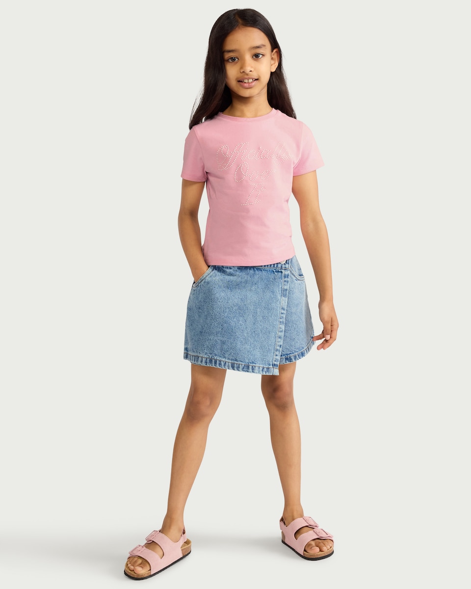 image 1 of F&F Girls Cotton Rich Slogan T-Shirt in Pink