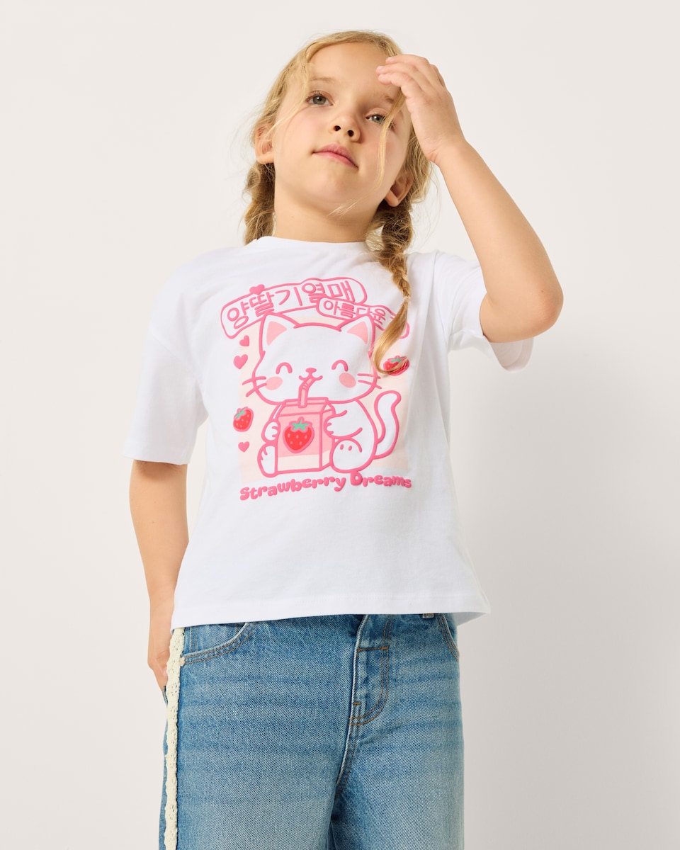 image 1 of F&F Girls Pure Cotton Strawberry T-Shirt in White