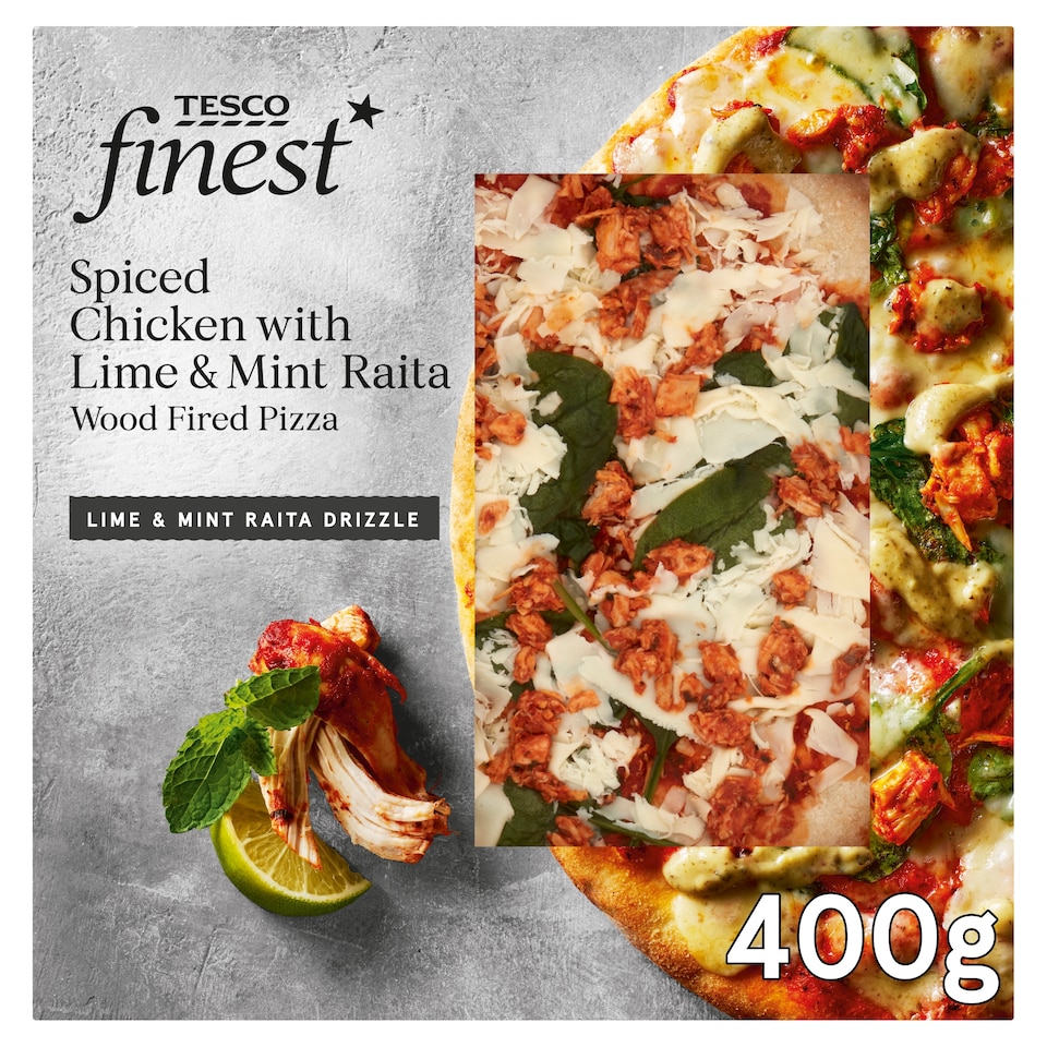 Tesco Finest Spiced Chicken With Lime & Mint Raita Pizza 400G