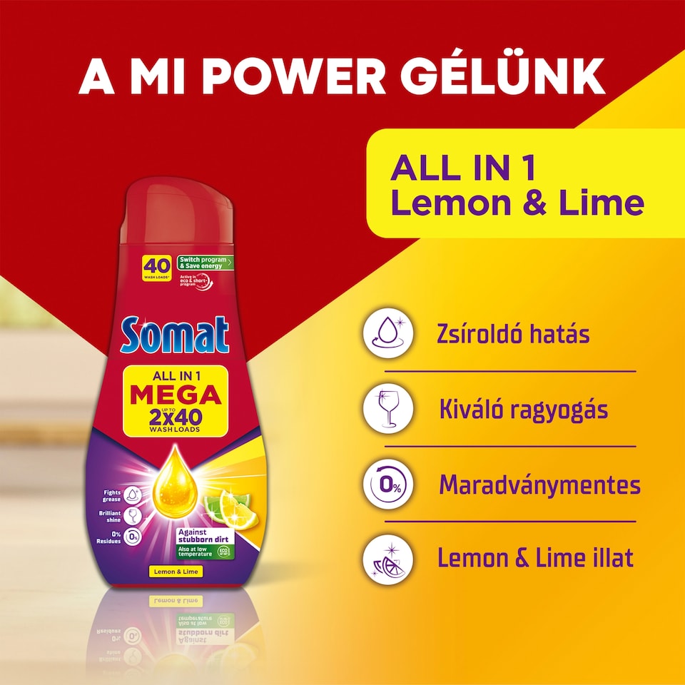 Somat All in 1 Lemon&Lime gépi mosogatószer gél 2 x 720 ml  1. kép