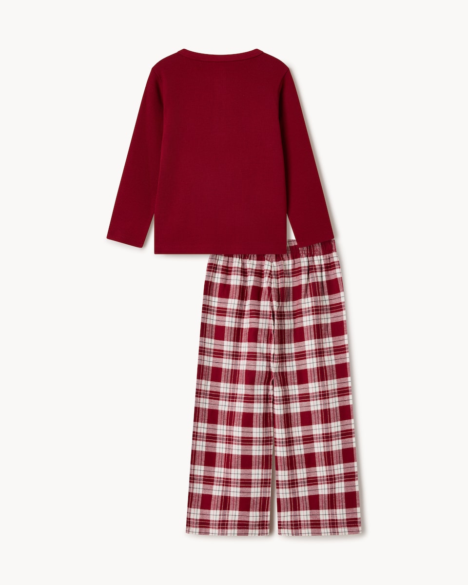 image 1 of Christmas Unisex Pure Cotton Waffle Henley Checked Pyjama Set in Red