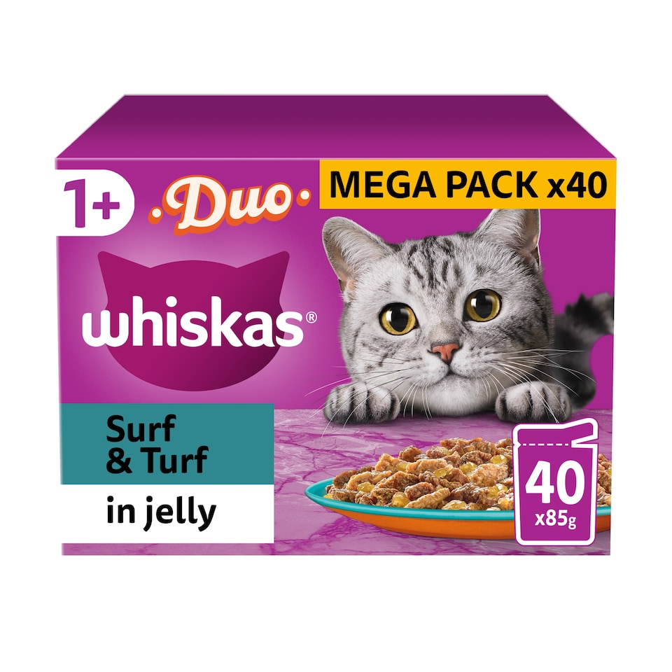 image 1 of Whiskas Duo Surf & Turf Adult Cat Food Pouches in Jelly 40x85g