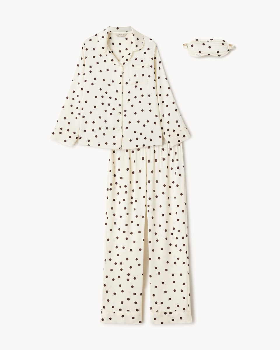 image 1 of F&F Girls 3-Piece Satin Polka Dot Pyjama Set with Eye Mask in Cream