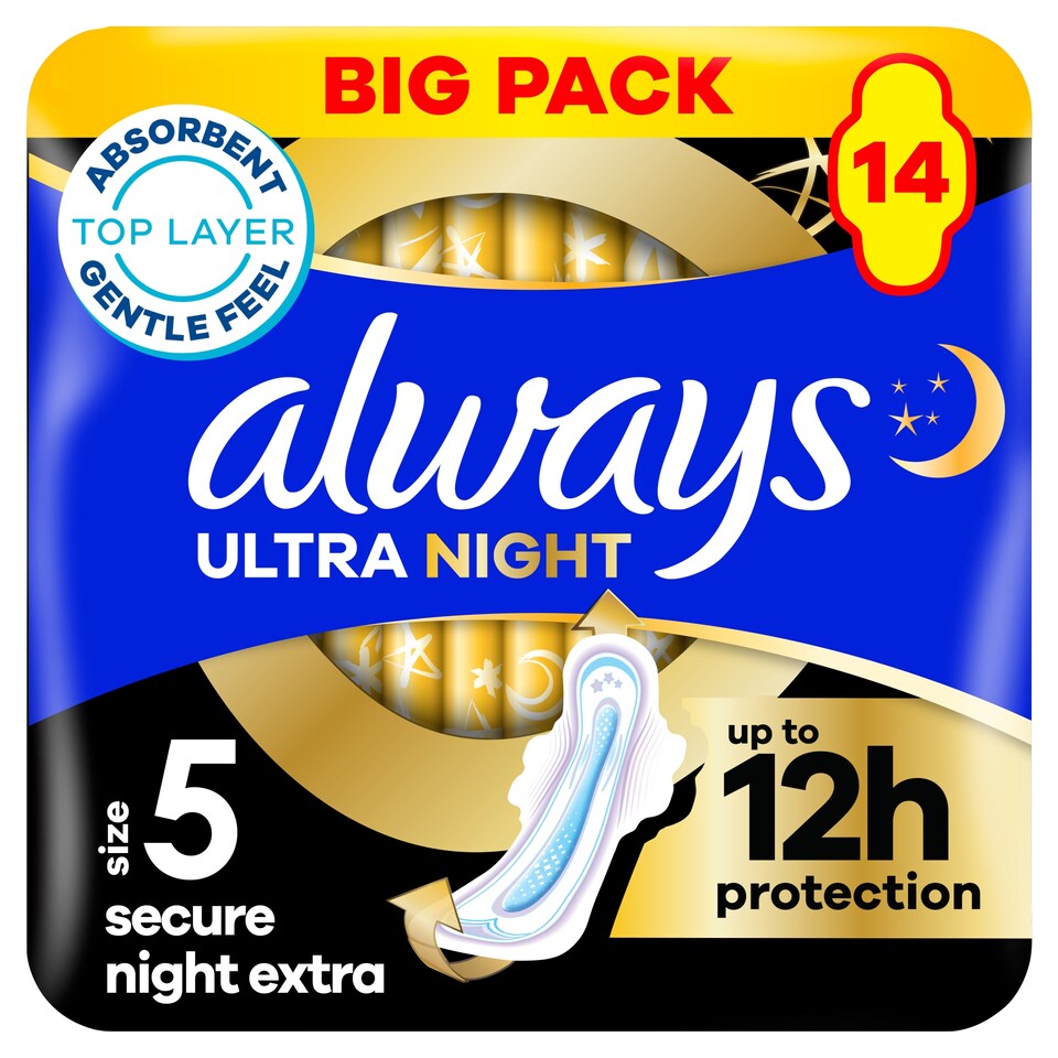 image 1 of Always Ultra Secure Night Extra Sanitary Towels Size 5 Wings 14 Pack