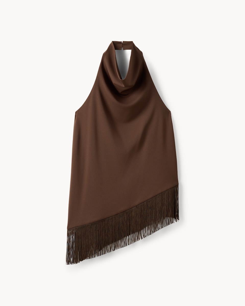 image 1 of F&F Sleeveless Halter Neck Fringed Top in Brown