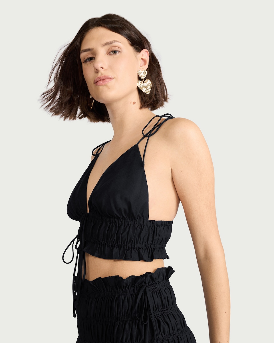image 1 of F&F Ruched Tie Strap Beach Bralette in Black