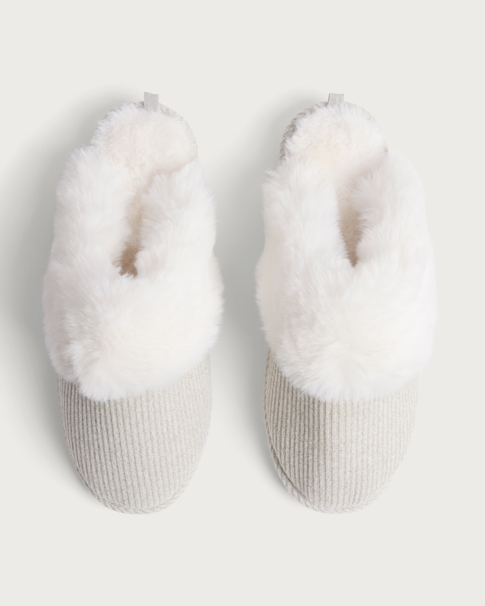image 1 of F&F Ribbed Faux Fur Trim Mule Slippers in Grey