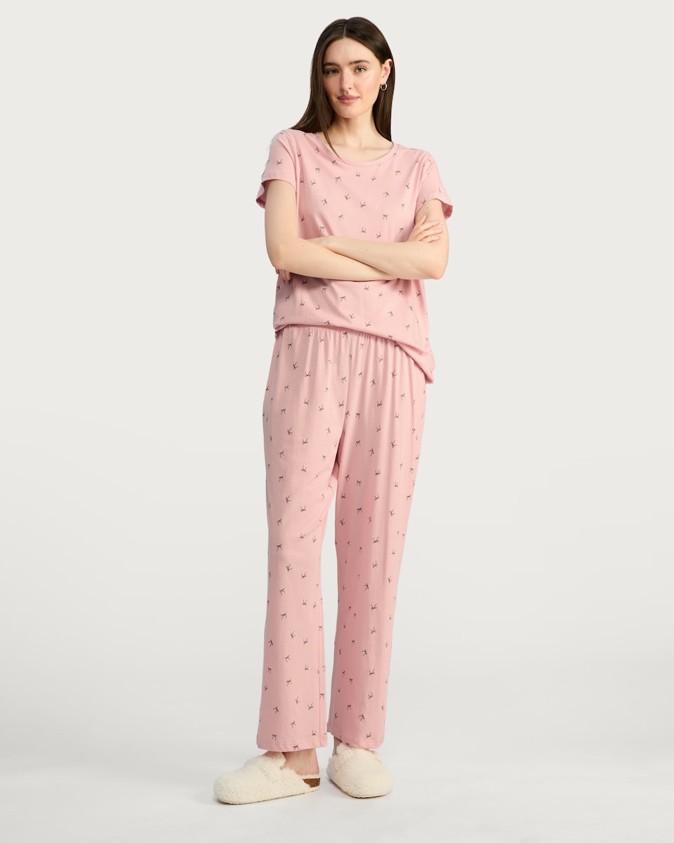 image 1 of F&F Pure Cotton Bow Print Pyjama Set in Pink