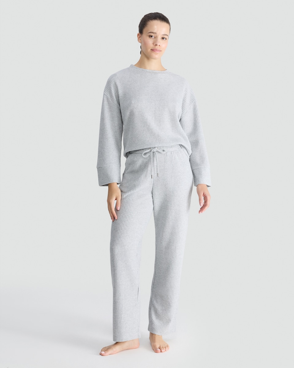 image 1 of F&F Waffle Textured Sweatshirt and Wide Leg Trousers Lounge Set in Grey