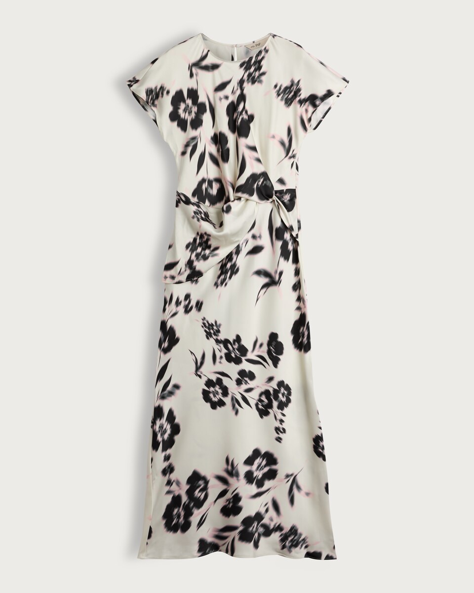 image 1 of F&F Satin Blurred Floral Print Midi Dress in Multi Black White