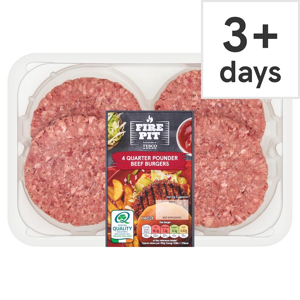 Tesco Fire Pit 4 Quarter Pounder Beef Burgers 454G