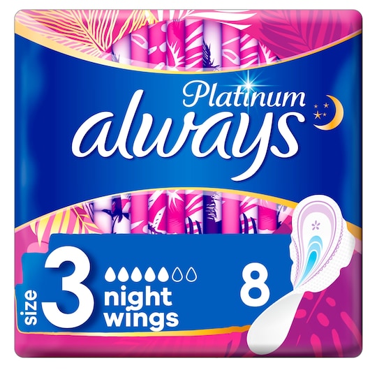 Always Platinum Night Time Size 3 Sanitary Towels With Wings 8 Tesco