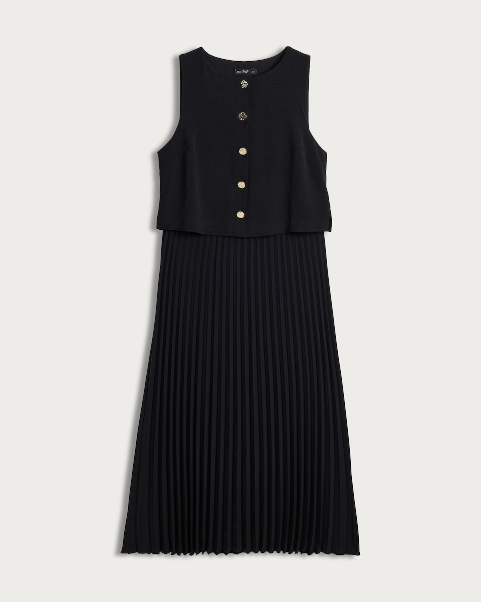 image 1 of F&F Button Front Pleated Sleeveless Midi Dress in Black