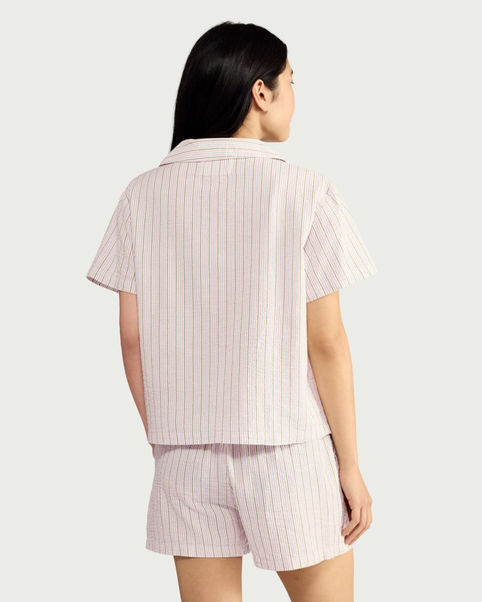 image 1 of F&F Pure Cotton Seersucker Striped Short Pyjama Set in Multi Green