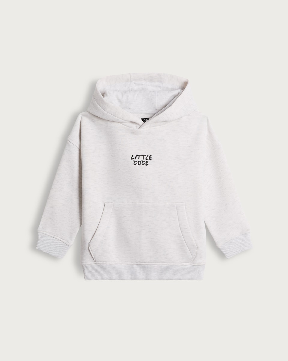 image 1 of F&F Boys Cotton Rich Little Dude Hoodie in Grey Marl