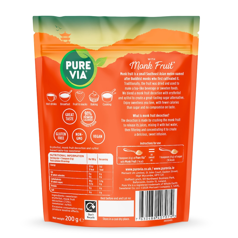image 1 of Pure Via Monk Fruit Granulated Sweetener 200g