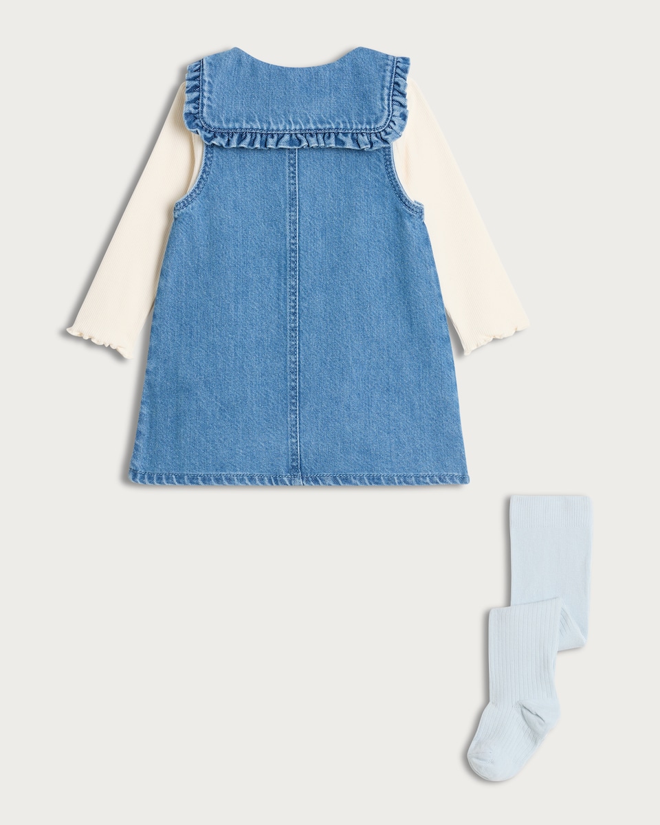 image 1 of F&F Baby 3-Piece Cotton Rich Denim Pinafore, Bodysuit and Tights Set in Blue