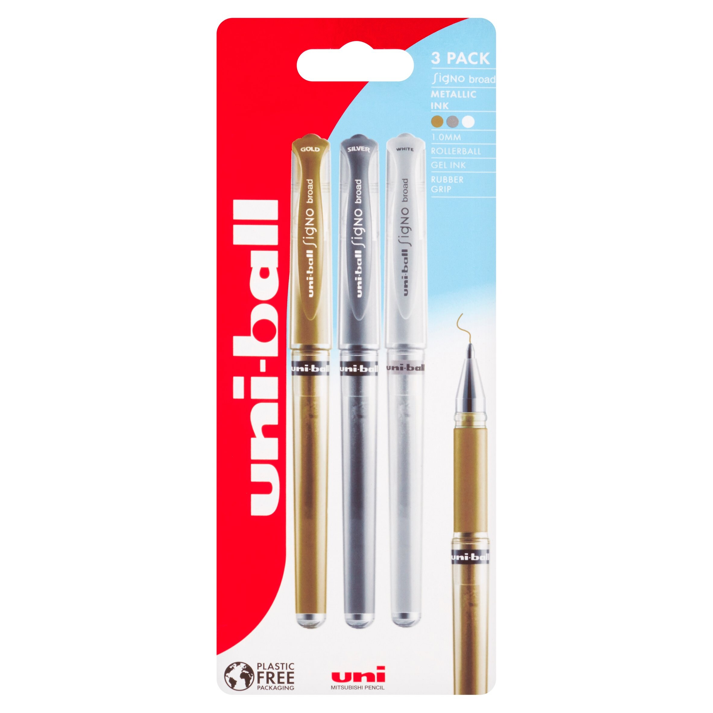 Gold Silver White 3 x Signo Gel Impact by Uni-Ball Premium Broad Roller Ball