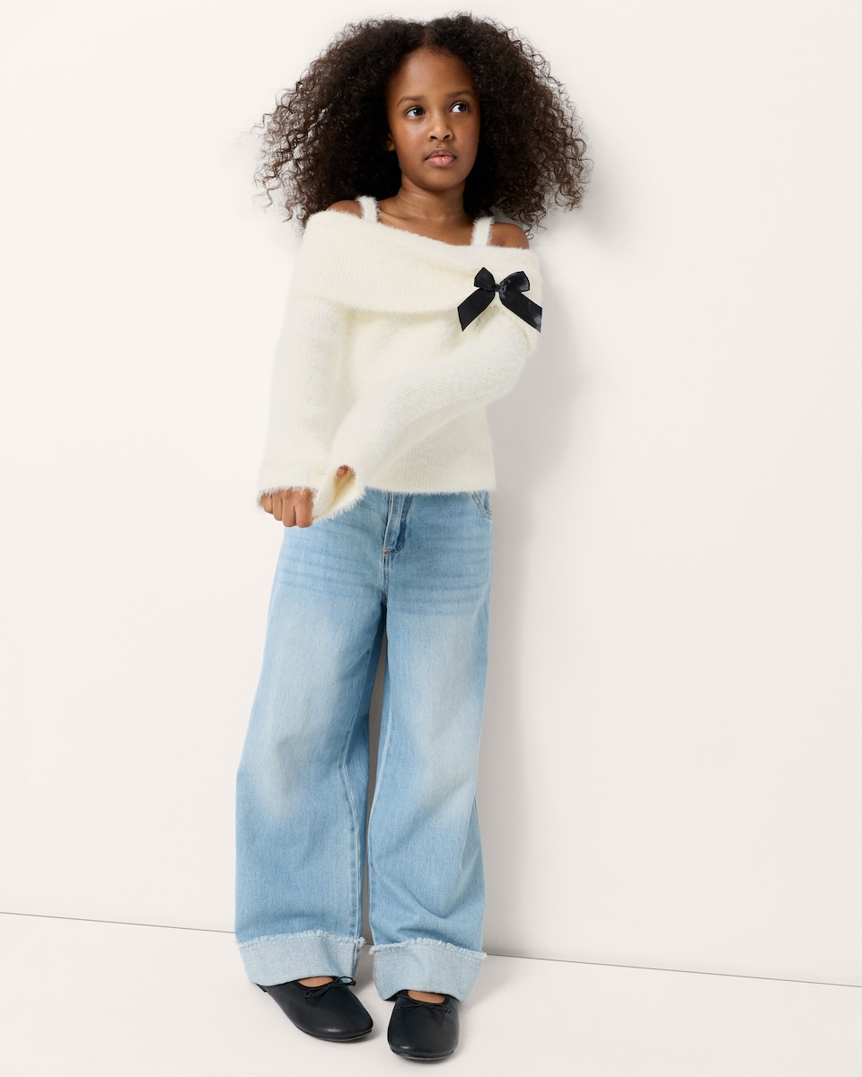 image 1 of F&F Girls Bardot Bow Jumper in Cream