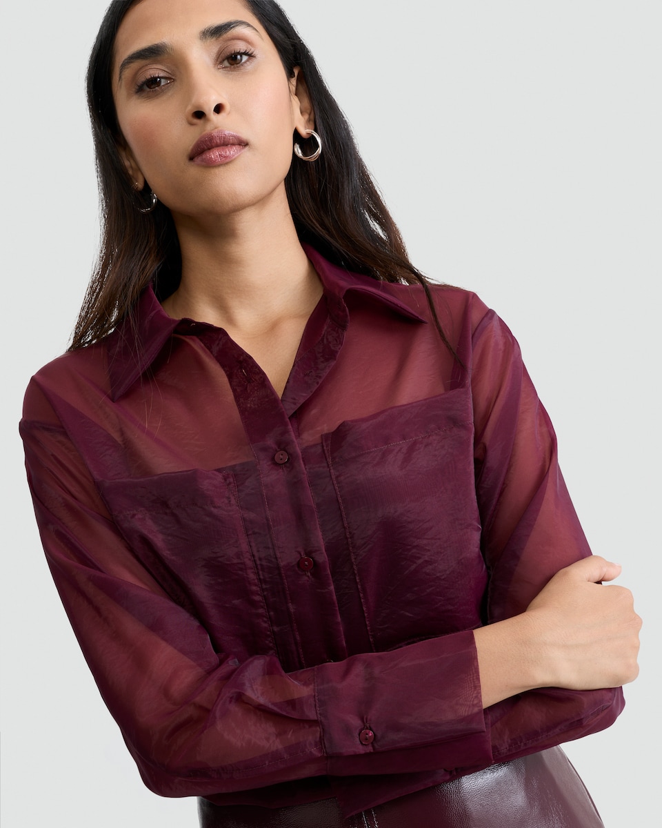 image 1 of F&F Organza Button Up Long Sleeved Shirt in Burgundy
