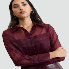 F&F Organza Button Up Long Sleeved Shirt in Burgundy