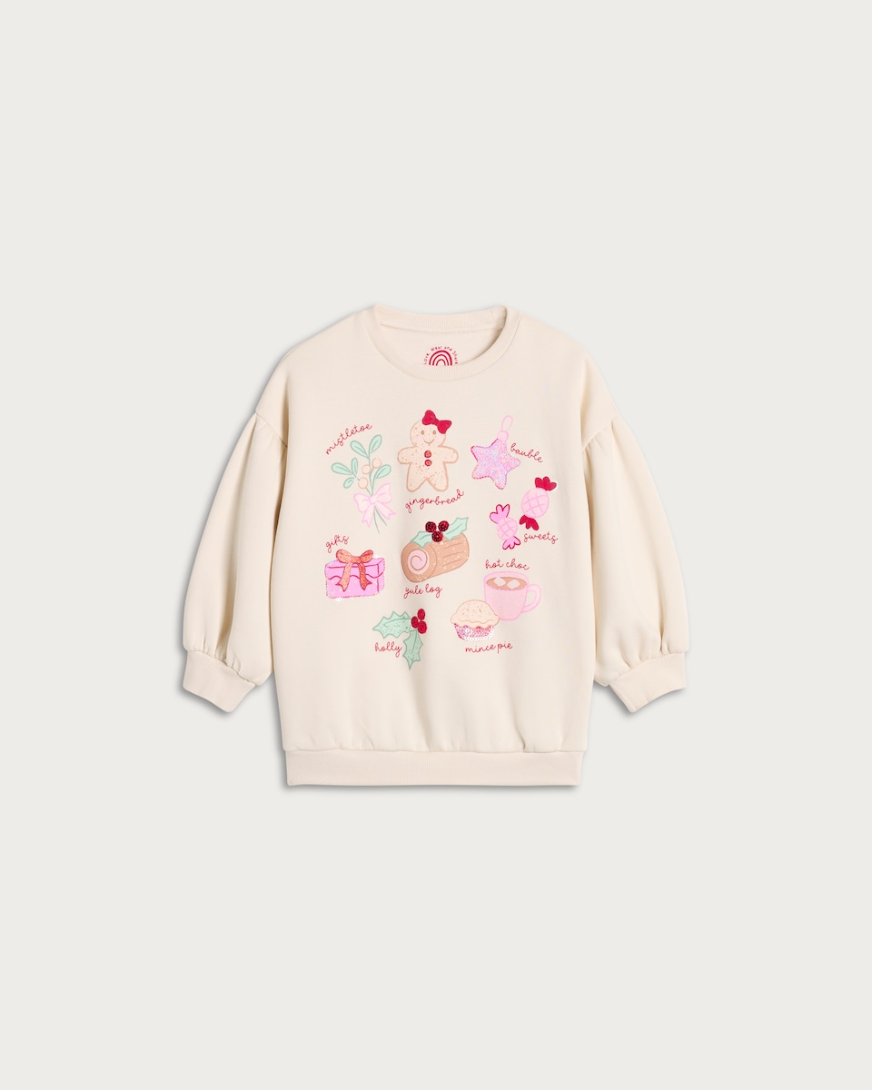 F&F Girls Cotton Rich Festive Print Sweatshirt in Cream